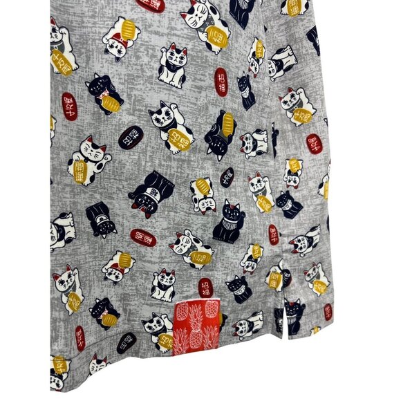 Aloha Made Me Mens Large L Hawaiian Short Sleeve Shirt Maneki Neko Grey Button - Picture 4 of 9
